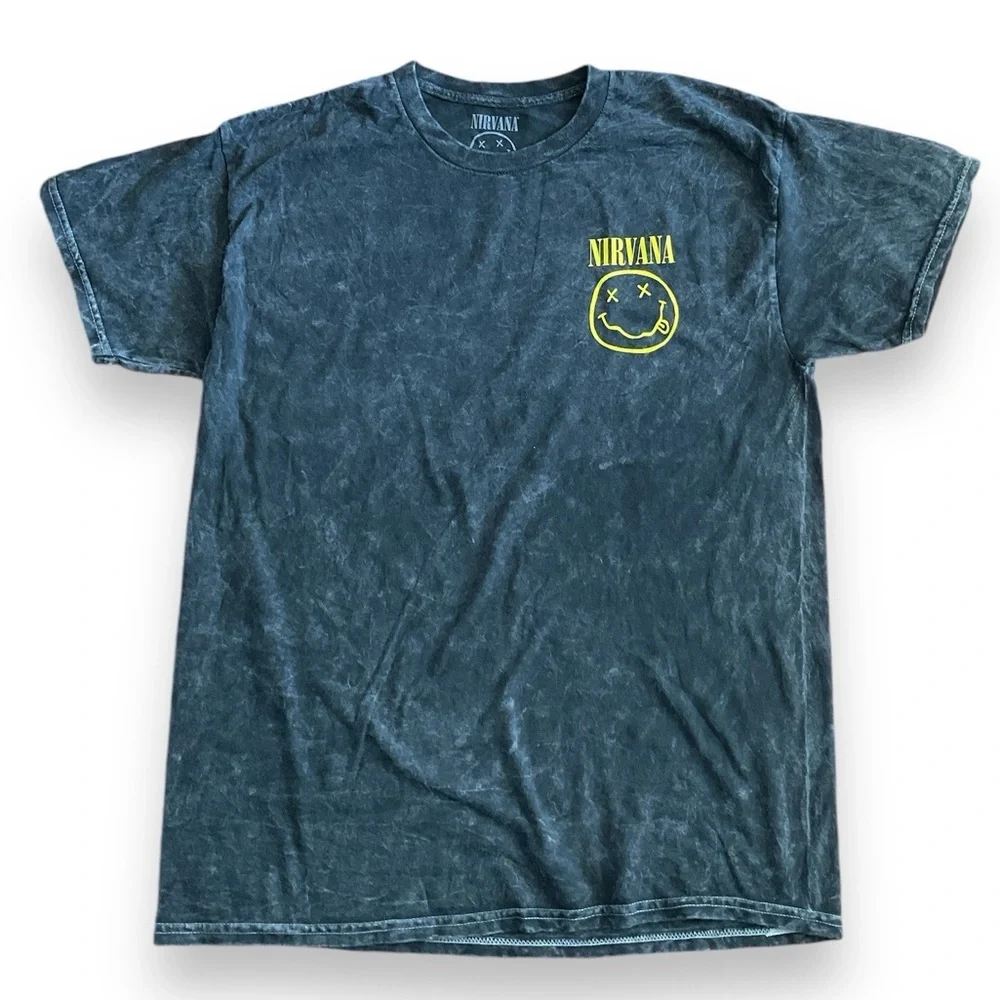 NEW Nirvana Acid Wash Black Small Graphic Crewneck Short Sleeve Tee - Picture 1 of 4